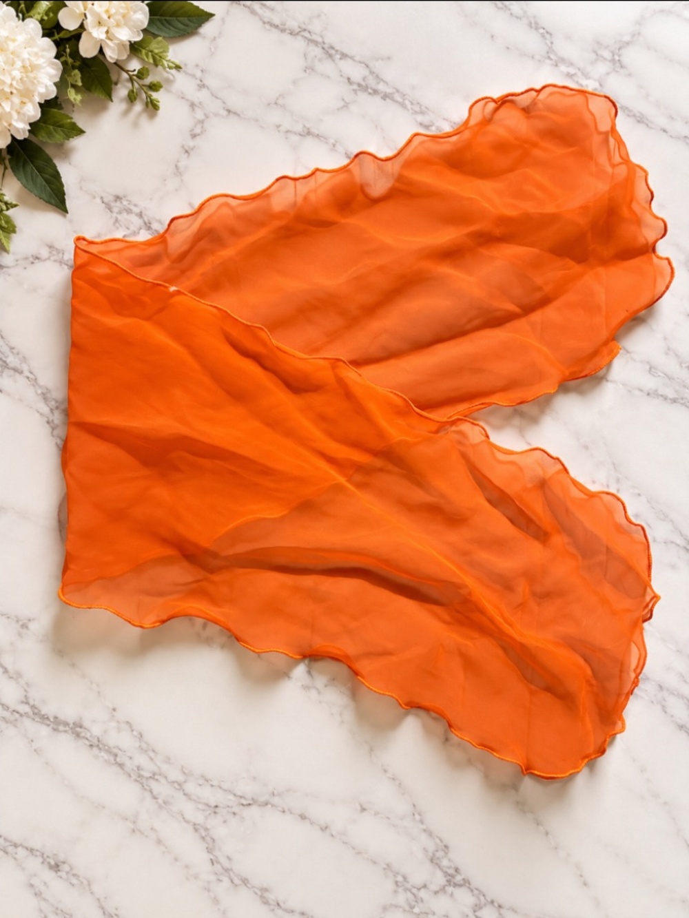Vintage 60s 70s Orange Sheer Nylon Feel Scarf Mod Retro 30”